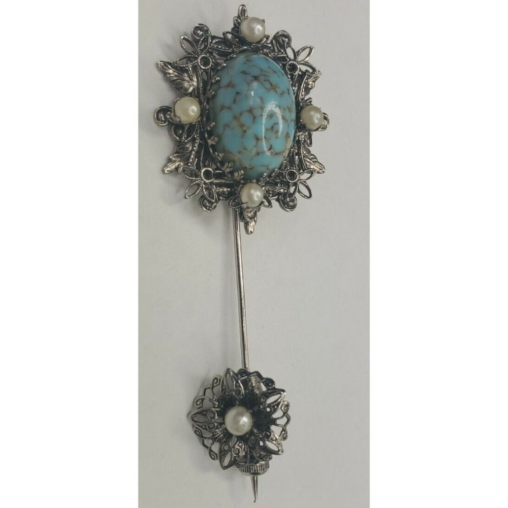 Vtg Large Faux Pearl Tourquoise Stick Pin Unique Decorative End